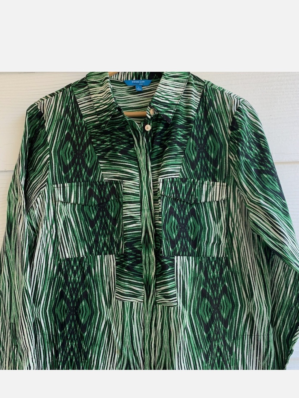 Derek Lam Green and Black Patterned Long-Sleeve Shirt Dress